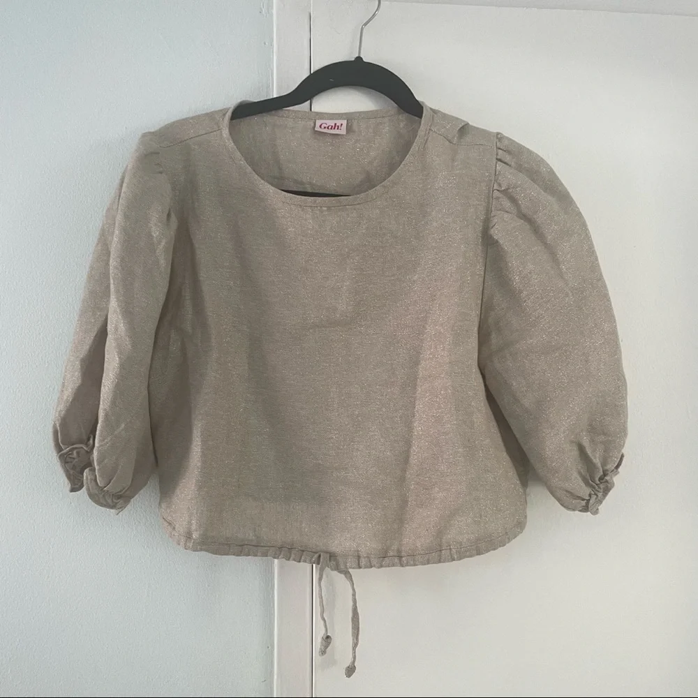 Lisa Says Gah Gold Puff Sleeve Linen Top - Picture 4 of 11